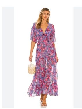 MISA Pippa Dress in Night Blooms Maxi Small Anthropologie Floral Tiered